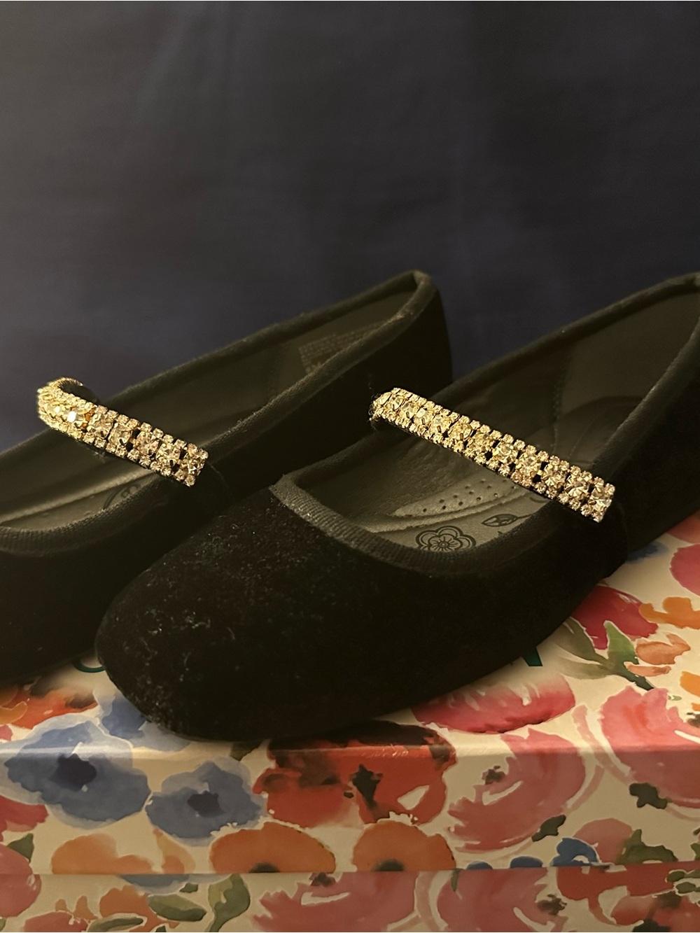Mootsies Tootsies Black Velvet Flats with Gold Crystal Strap